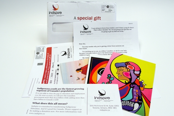 Indspire fundraising package: 4-page letter, buckslip, gift, reply form and postage-paid reply envelope