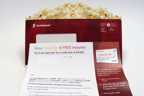 Scotiabank popcorn themed envelope and letter